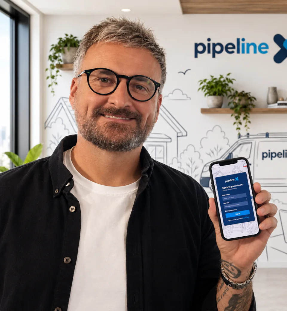 Chris Boyle, founder of Pipeline, holding a phone running the Pipeline app