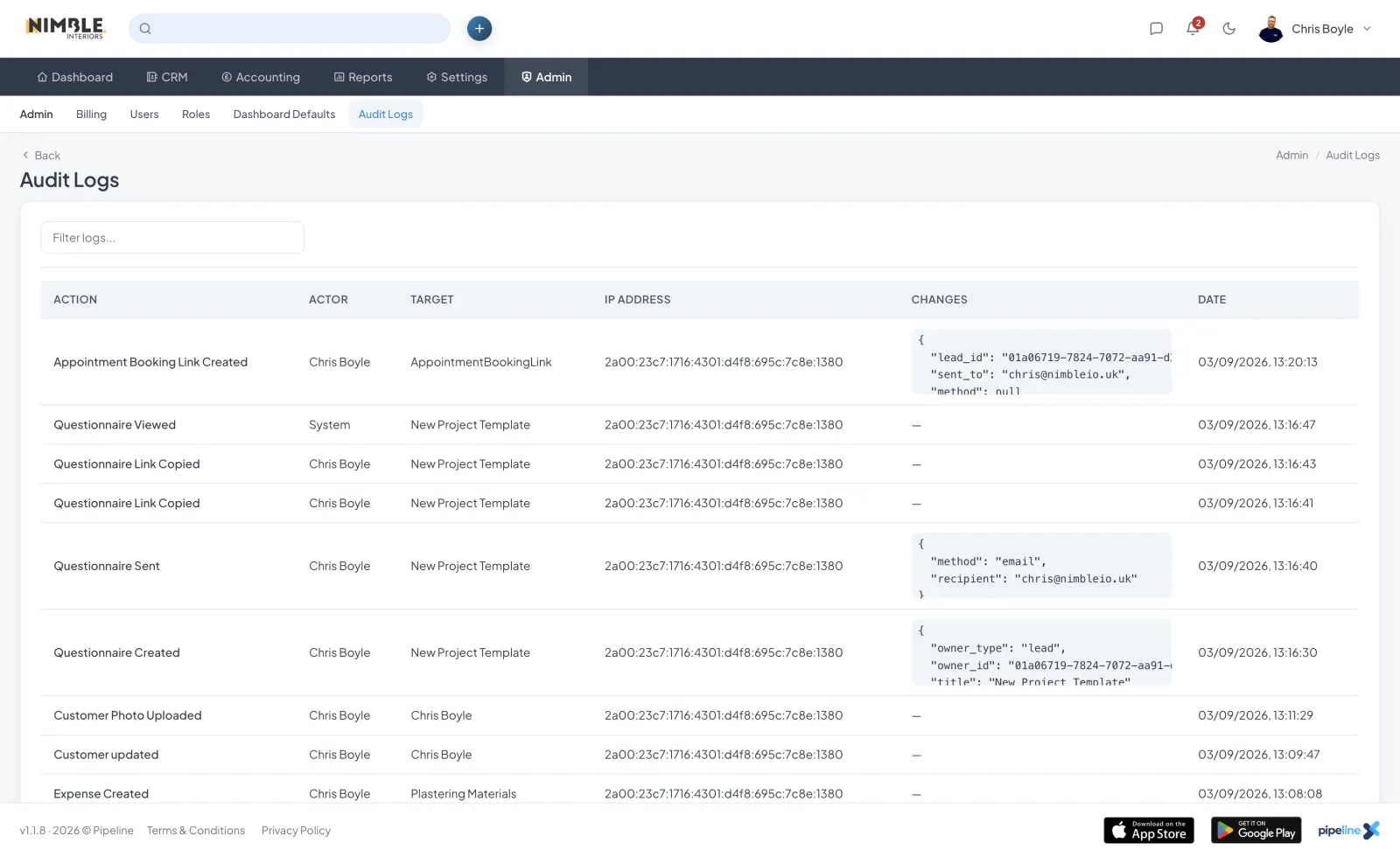The Global Audit Log screenshot