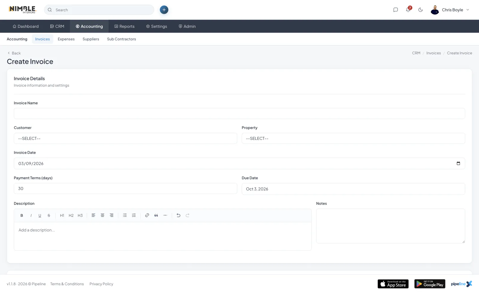 Creating an Invoice screenshot