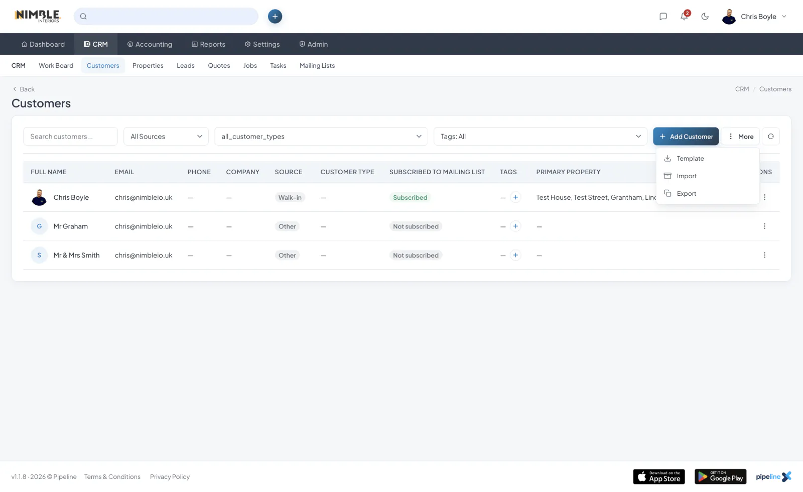 Importing and Exporting Customers screenshot