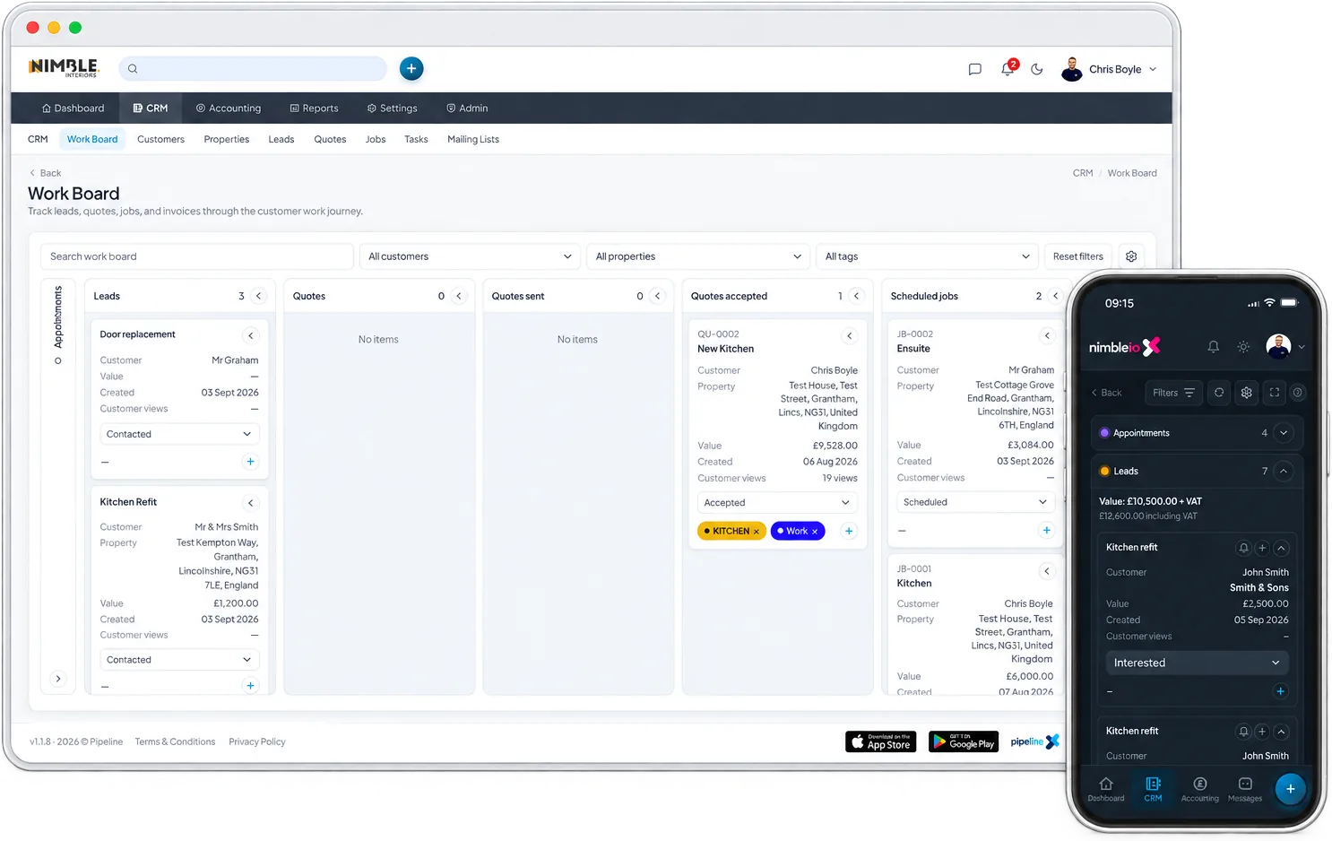 Pipeline on desktop and mobile: the Work Board tracking leads, quotes and scheduled jobs, alongside the mobile CRM view