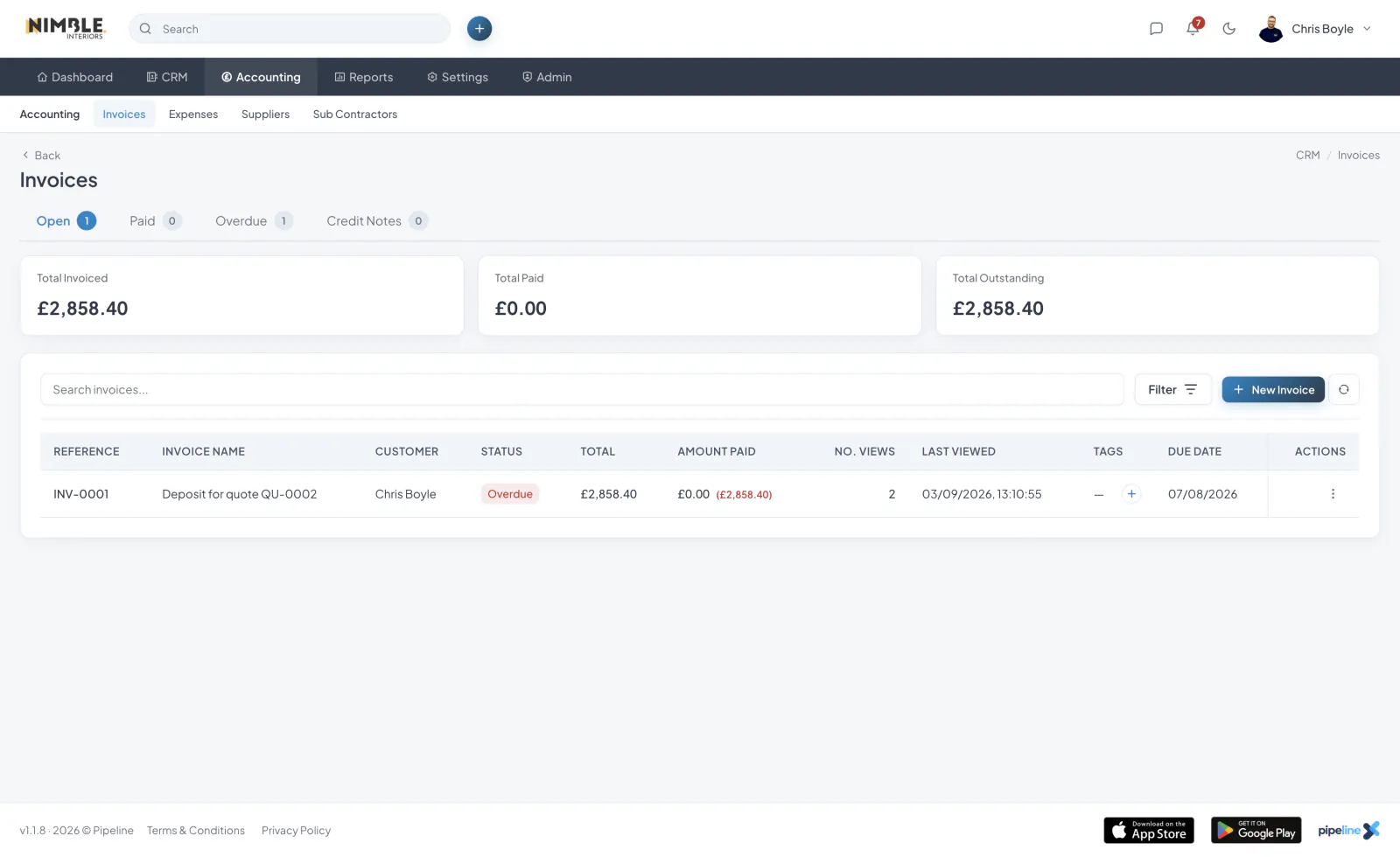 Invoice Statuses and Deposits screenshot