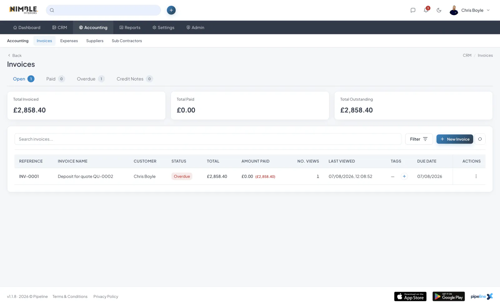 Invoice list with status pills