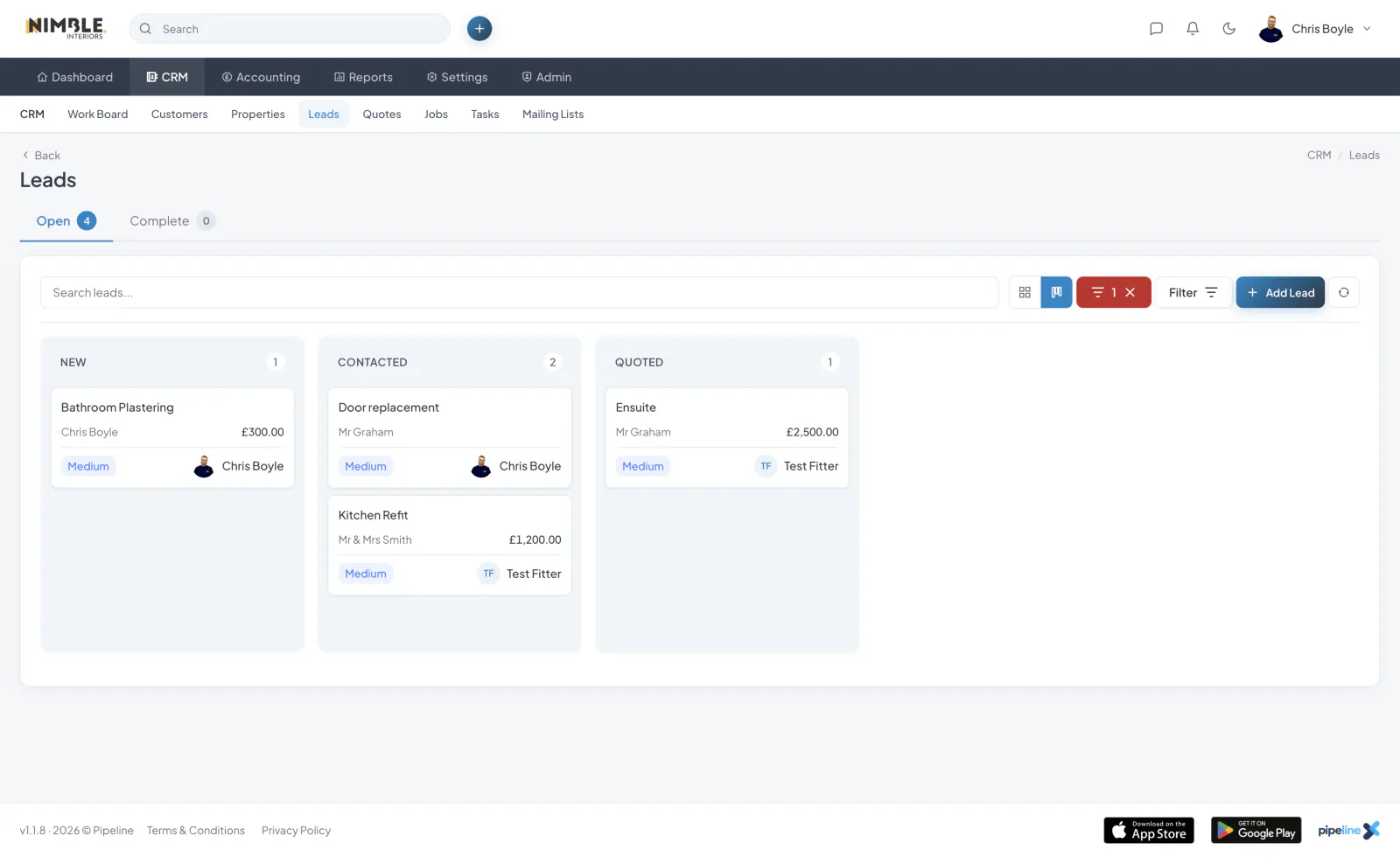 Lead pipeline kanban view