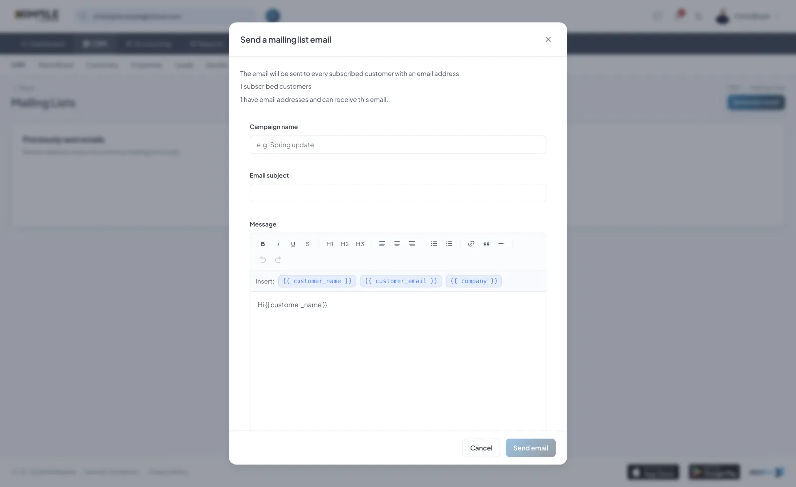 Mailing list with subscribers and campaign composer