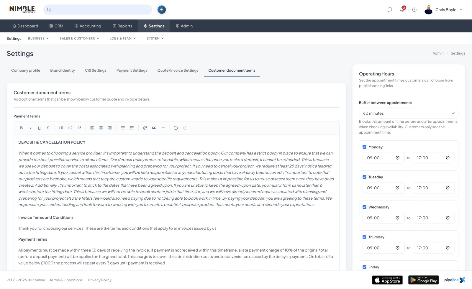 Payment Terms and Terms of Business screenshot