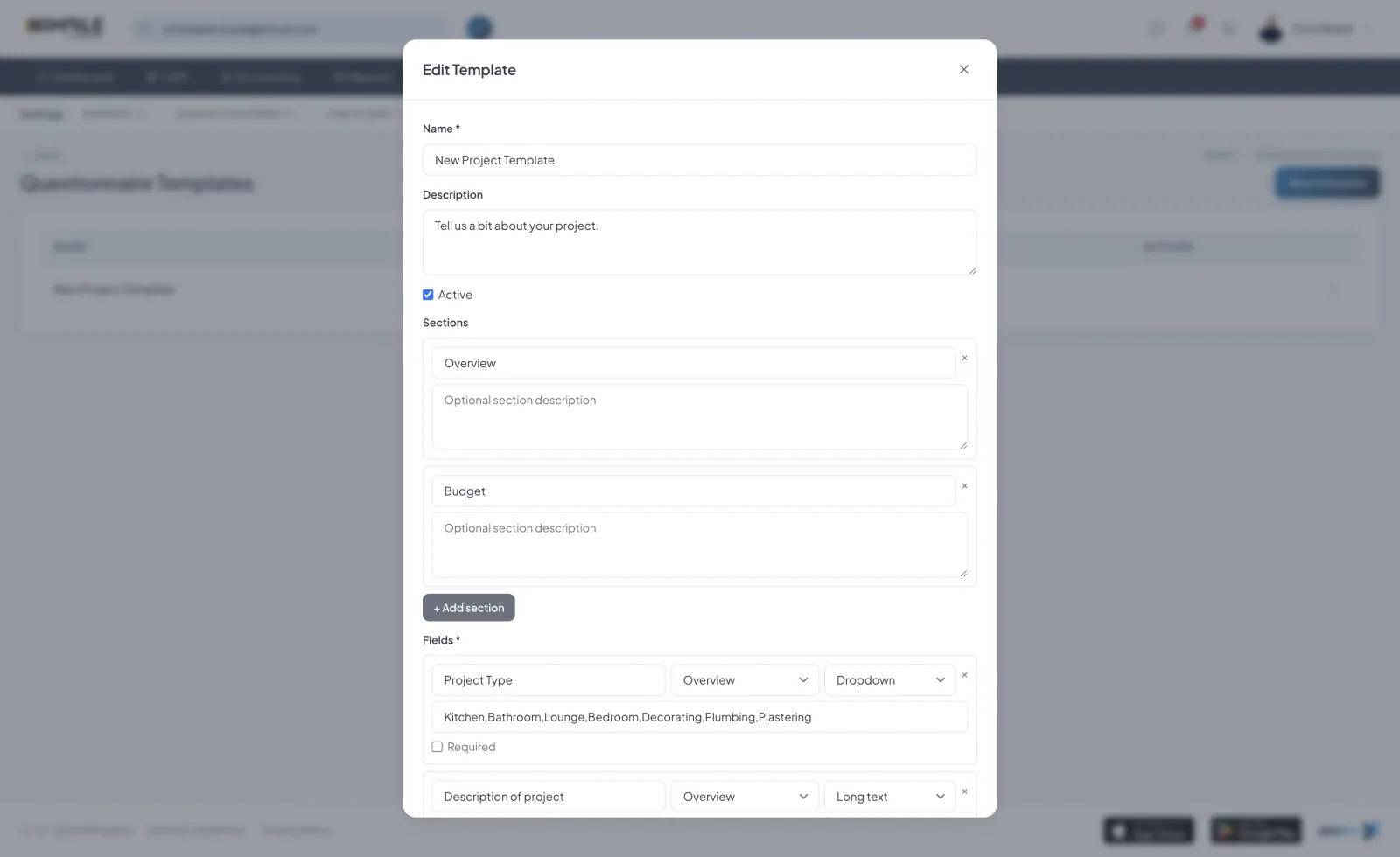 Building Questionnaire Templates screenshot