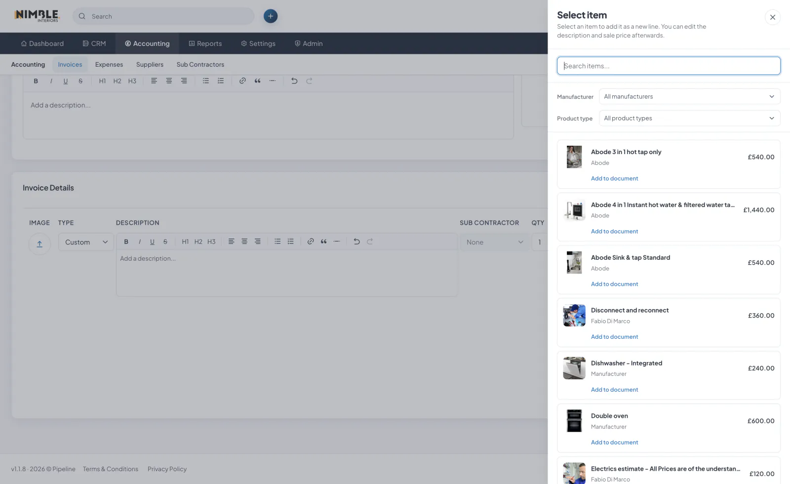 Invoice Line Items and the Catalogue screenshot