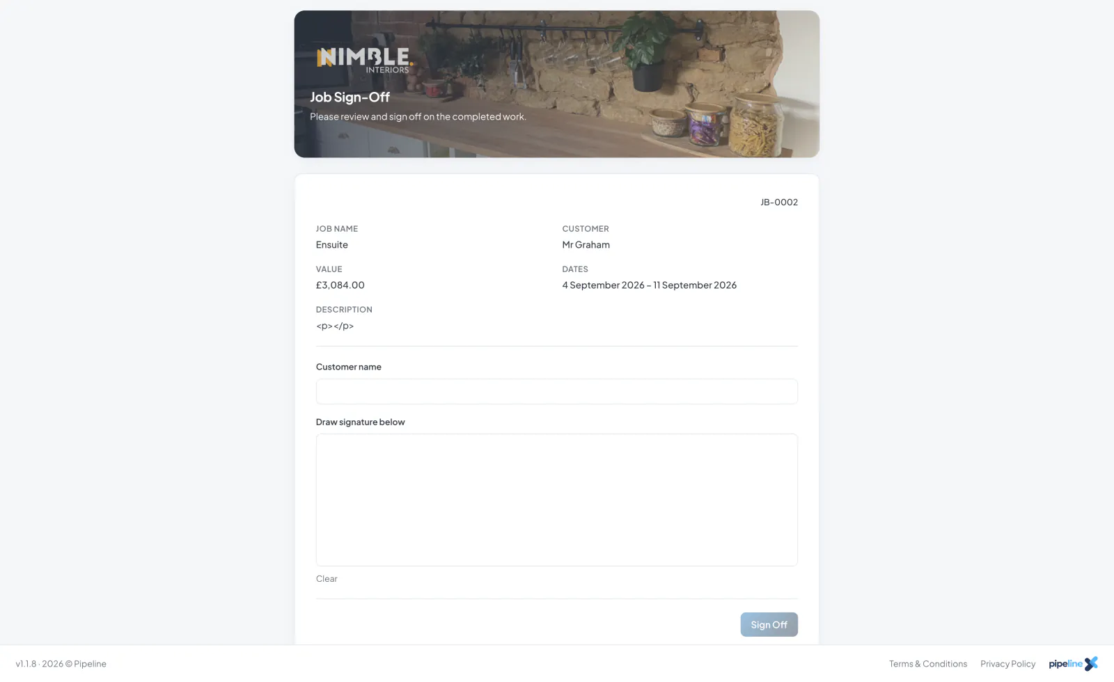 Customer Job Sign-Off and Reviews screenshot