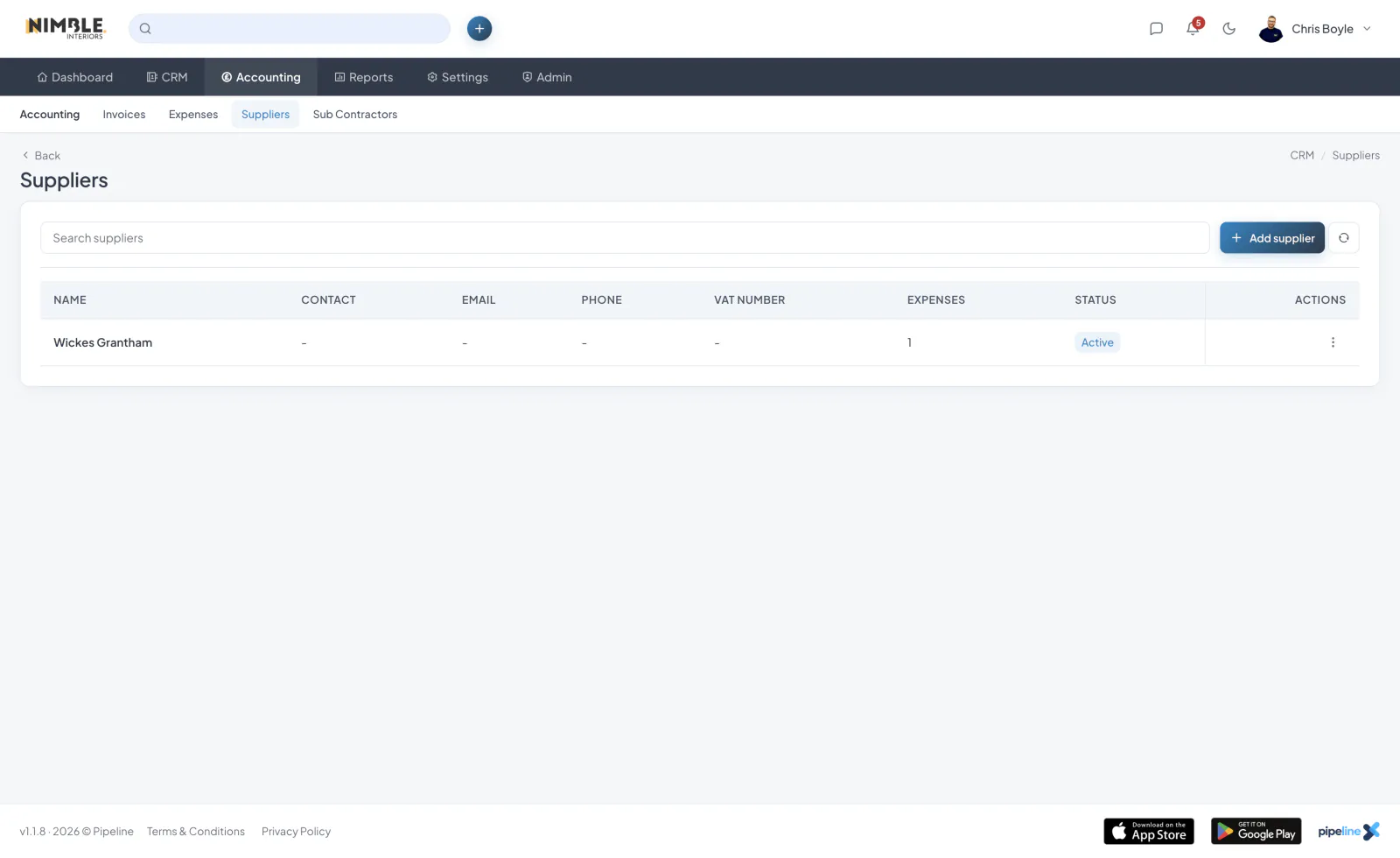 Suppliers and Subcontractors screenshot