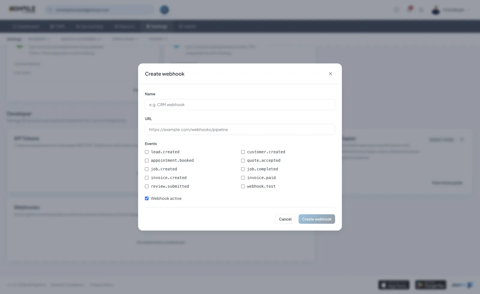 Webhooks screenshot